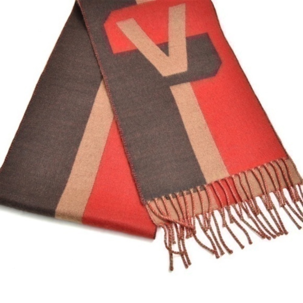 Louis Vuitton V Historique Red/Brown Cashmere Scarf Euc